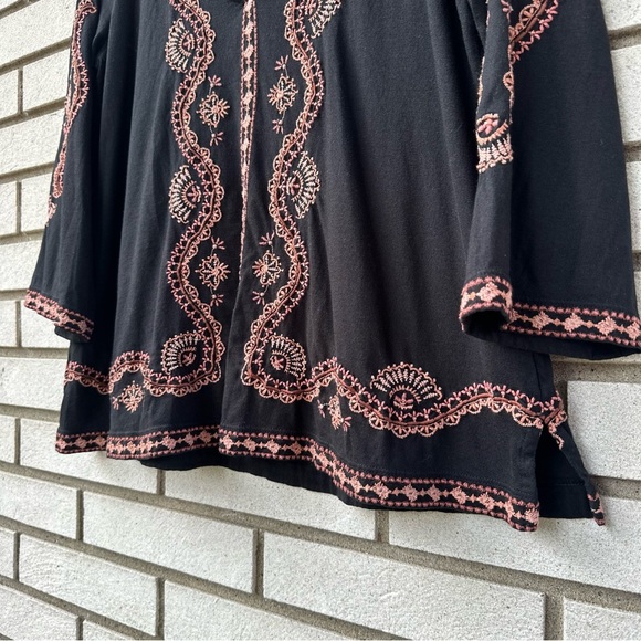 J.Jill Petite S Black Pink Embroidered Bell Sleeve Boho Tunic Top India - Picture 7 of 10